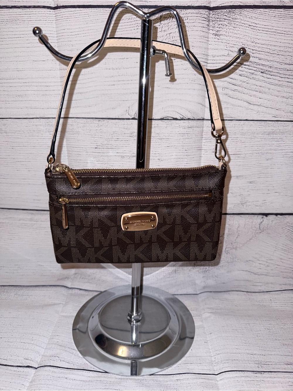 Michael Kors Brown Monogram Mini Wristlet with Beige Strap